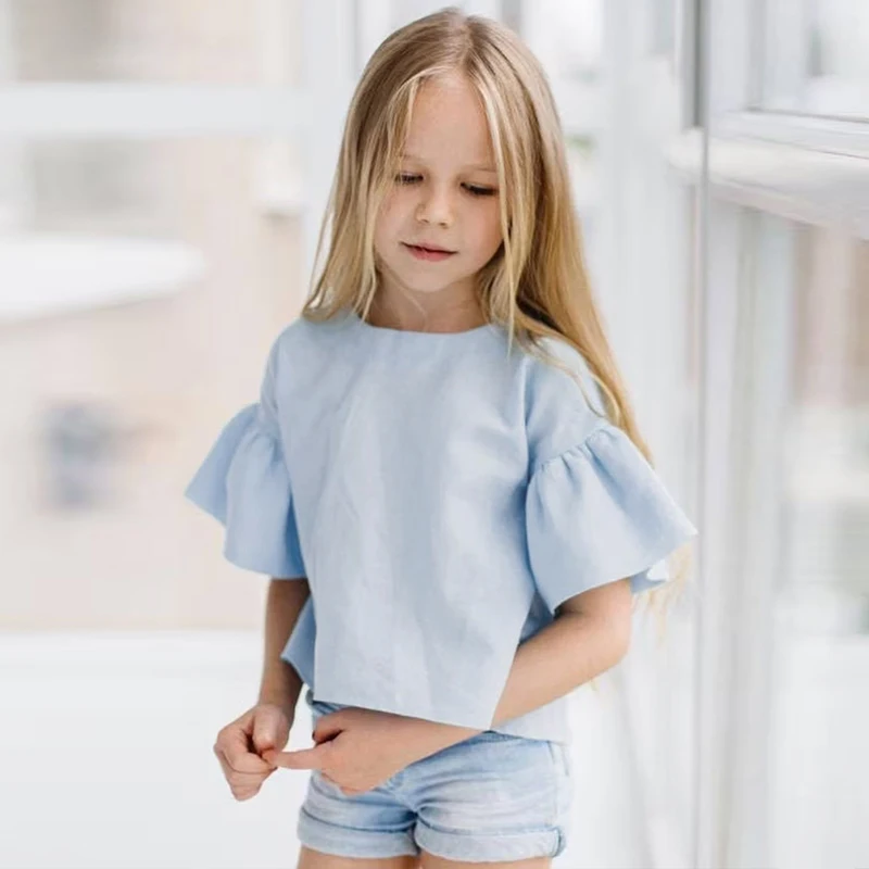 Girls Ruffled Half Sleeved Cotton And Linen T-Shirt 2024 Summer New Children\'s Round Neck Casual Loose Linen Crop Tops TZ419