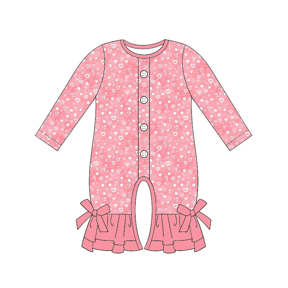 Valentine's Day Baby Girl's Clothing round Neck Long Sleeve Jumpsuit with Lace Bow Love Cartoon Print Children's Boutique Suit