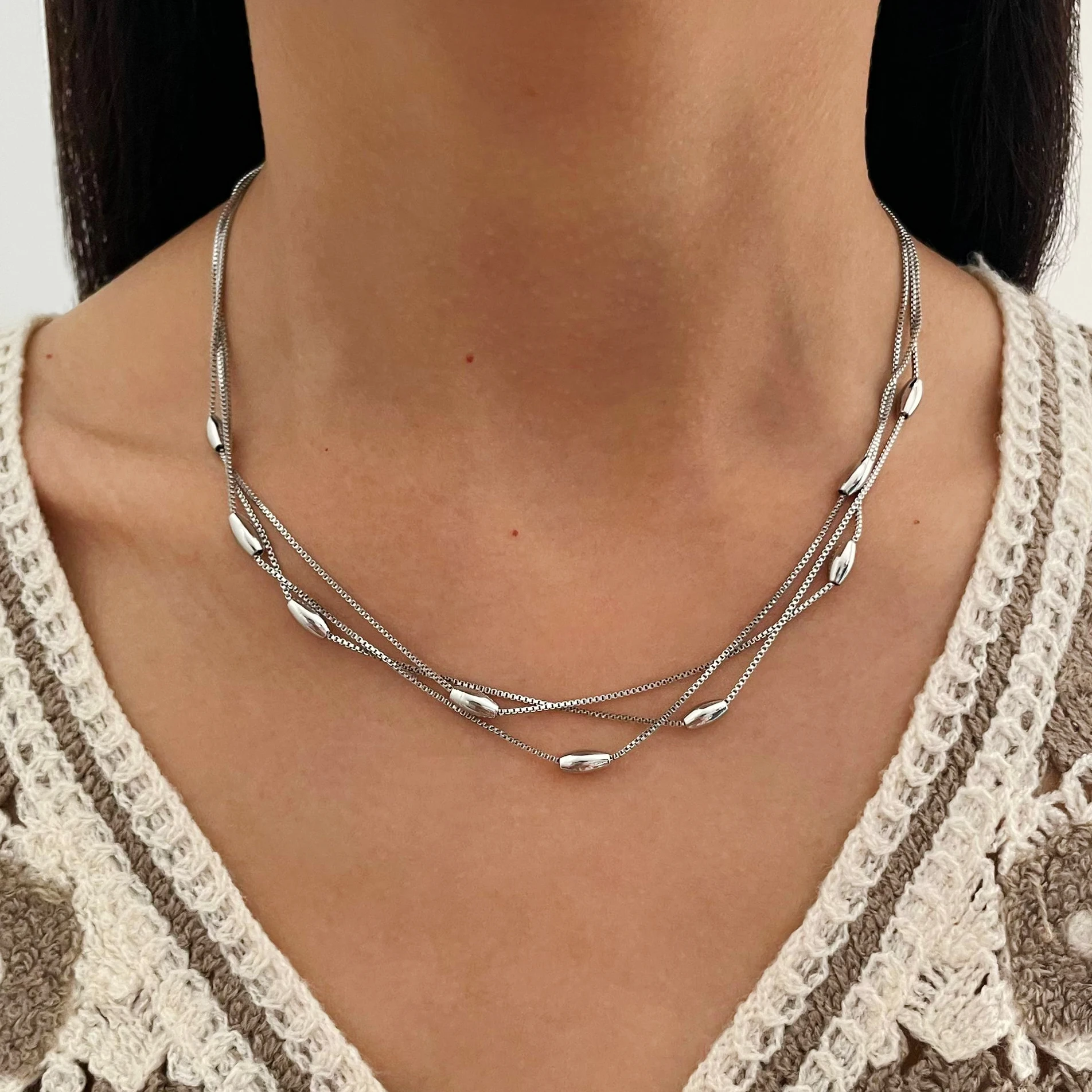 Peri\'sbox Dainty Triple Layered Clavicle Chain Oval Beads Necklace Unique Design Stainless Steel Waterproof Trendy Women Jewelry