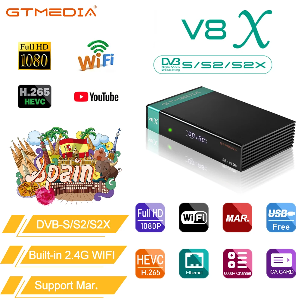 GTMEDIA V8X Mars Odbiornik satelitarny DVB-S/S2/S2X 1080P HD Wbudowany 2.4G WIFI H.265 Obsługa SAT do Gtplayer Karta CA Odbiorniki TV