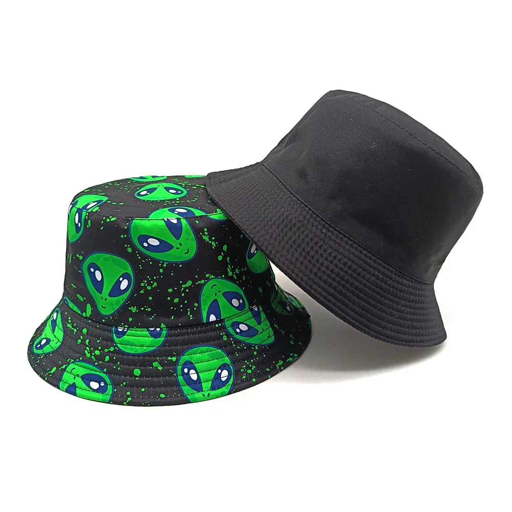Breathable Double Sided Bucket Hat Alien UFO Space All Over Print Fisher Cap Unisex Foldable Wide Brim Sun Hat Hip Hop Outdoor