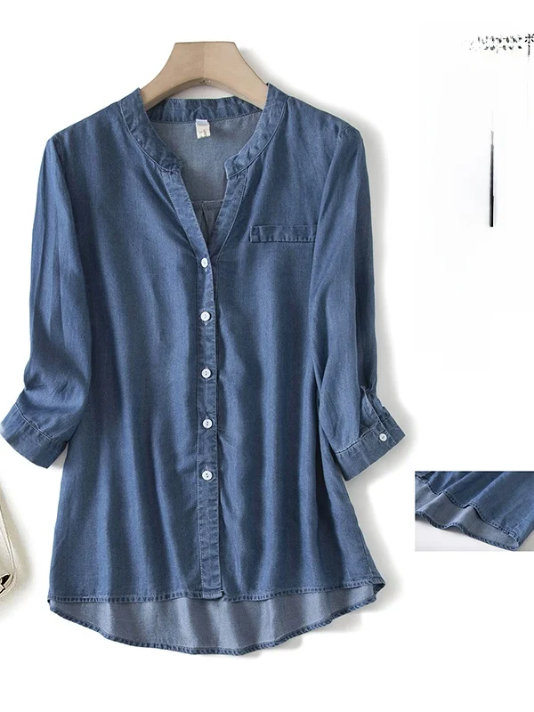 

Летняя повседневная джинсовая свободная верхняя одежда больших размеров для женщин, длинный топ на пуговицах в корейском стиле с V-образным вырезом, средней длины