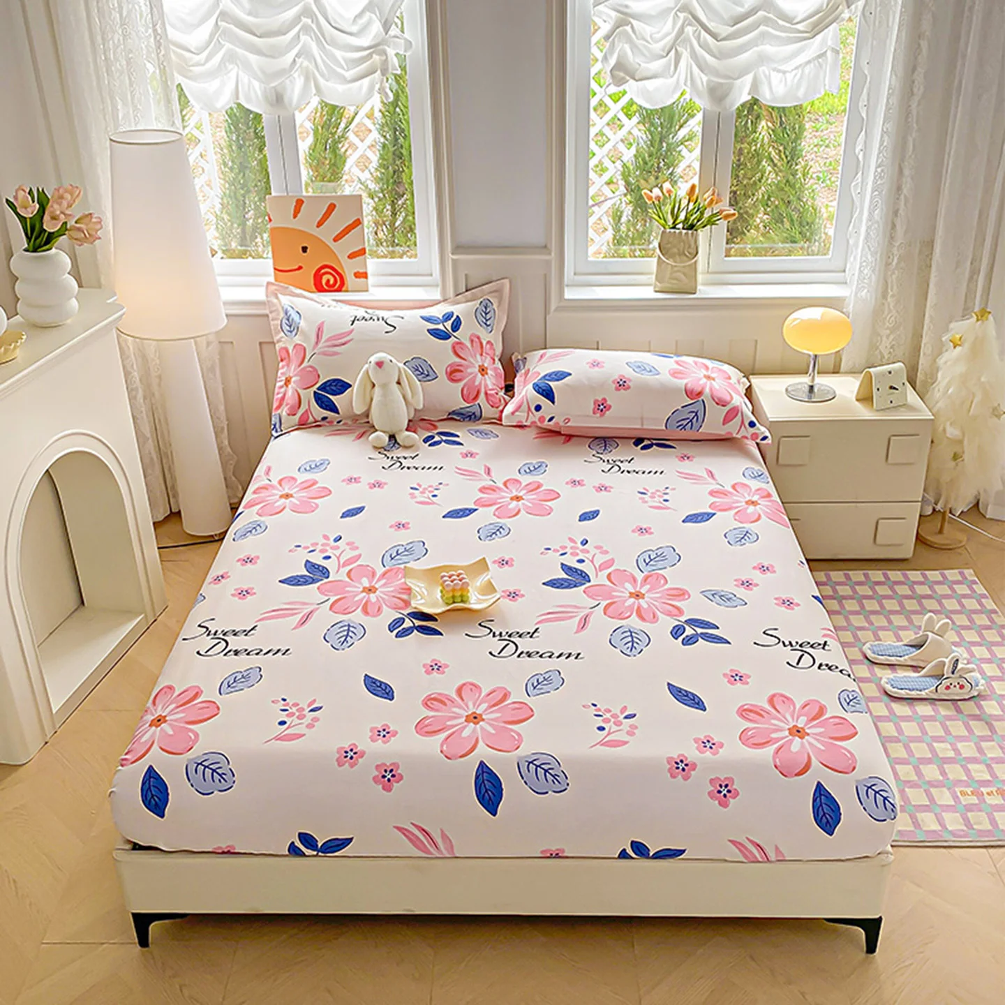 100%Cotton Fitted Sheet Single/Queen/King Size Floral Style Bedsheet with Pillowcase Pure Cotton Bed Sheet  простынь на резинке