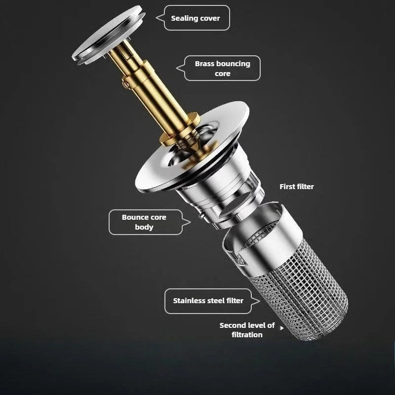Washbasin Leak Plug, Stainless Steel Odor Proof Bouncing Core, Press Type Sink Drain, Universal Accessory for Washbasin 1PCS