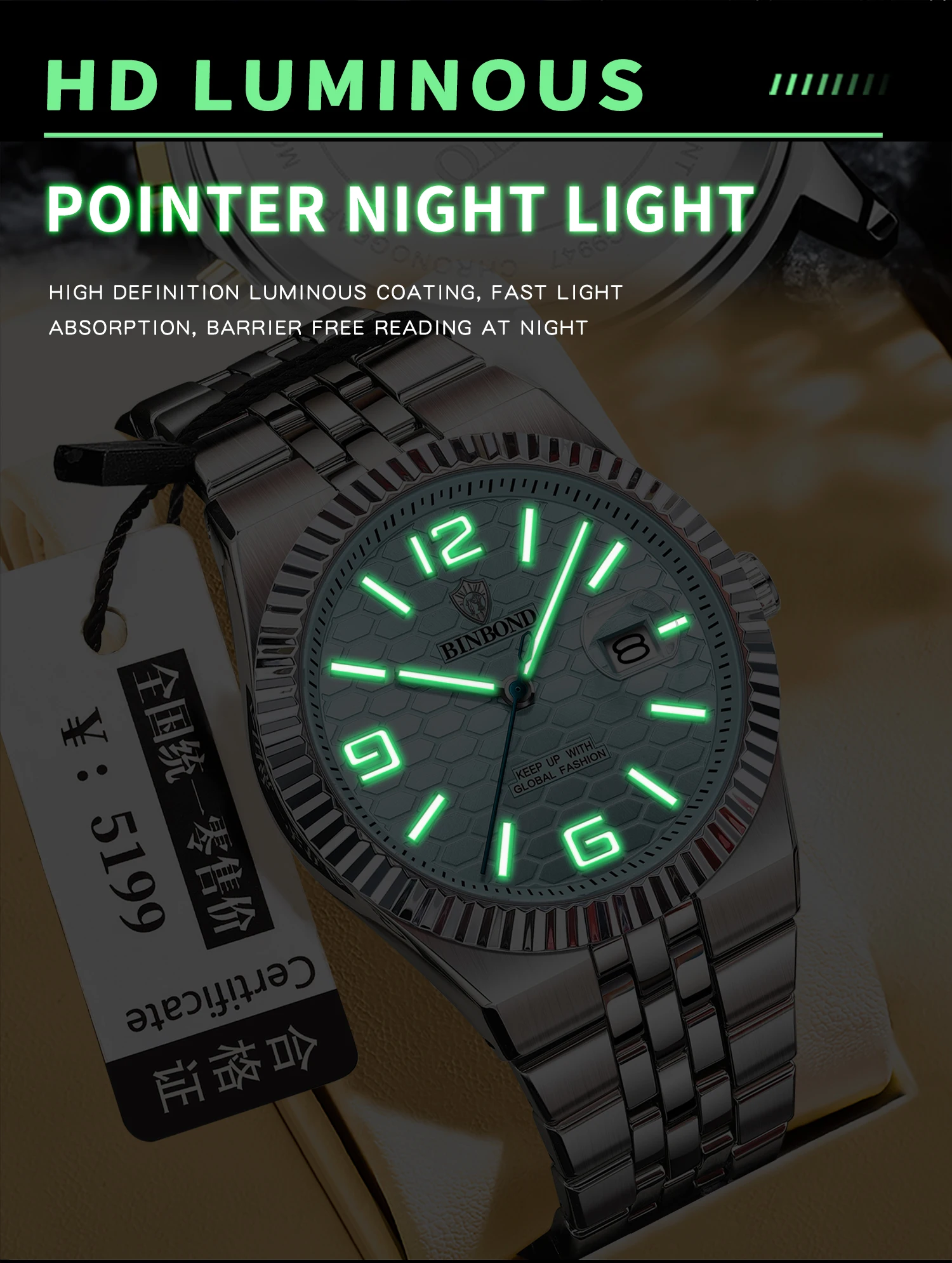 BINBOND ใหม่ 8181 หรูหราธุรกิจแฟชั่นผู้ชายนาฬิกาควอตซ์กันน้ํา Night Light ปฏิทิน Casual ผู้ชายนาฬิกาควอตซ์ 2025