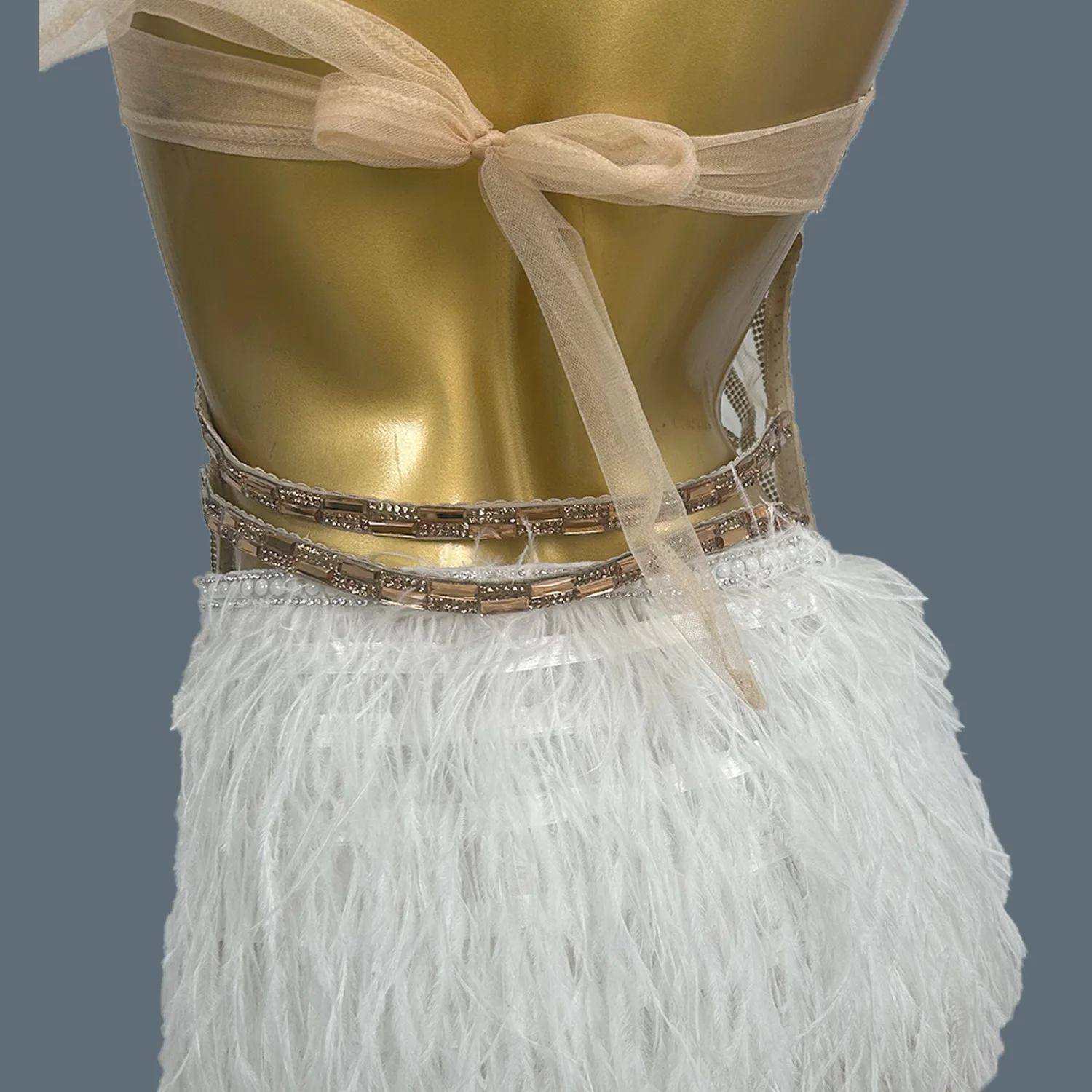 Sparkly Gold Rhinestone See Through Mesh Feather Bodysuit Gloves Set Sexy Showgirl gig Wear Dance Party Outfit Gaolingjinyumao