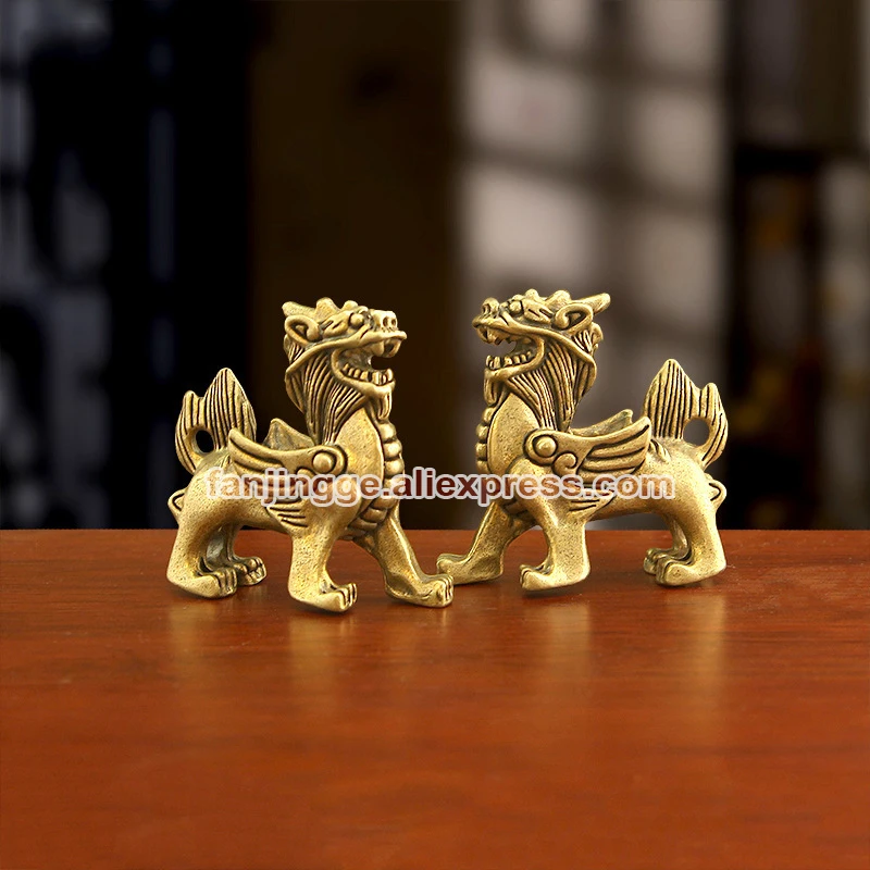 Fengshui Chinese Mascot Fly Dragon chi-lin Unicorn Kylin Pi Xiu Kirin Coper Brass Statue  Couple Home Decoration