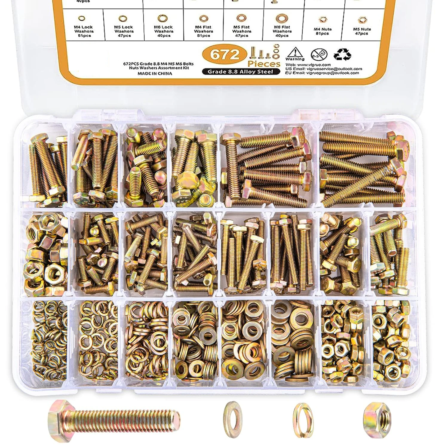 

672 pieces of 8.8 grade M4, M5, M6 metric bolt and nut sets, heavy-duty hexagon head bolt and nut sets, including 13 metric size