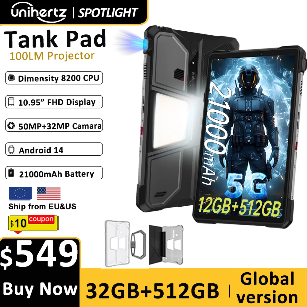 Unihertz Tank PAD Phone with Projector 8849 Rugged Tablet Dimensity 8200 Android 32GB 512GB 21000mAh 10.95