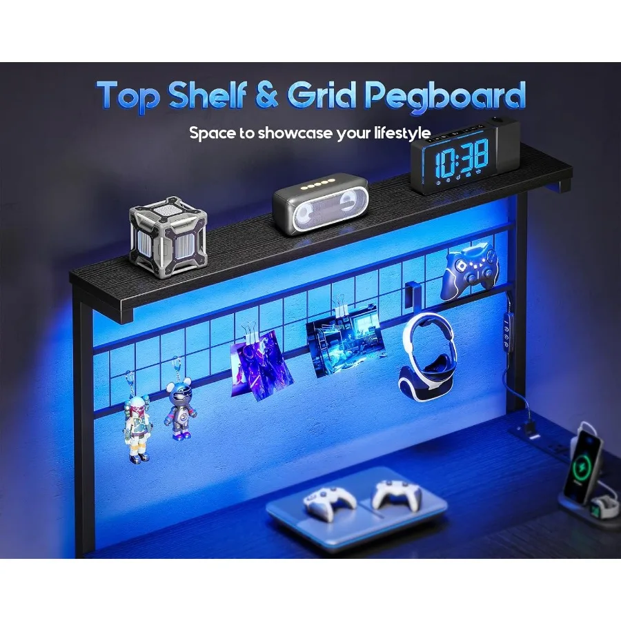 L Shaped Gaming Desk with Shelf 4 Drawers 51 Reversible Computer Desk with LED Light Home Office Table with Hutch and Hook Blac