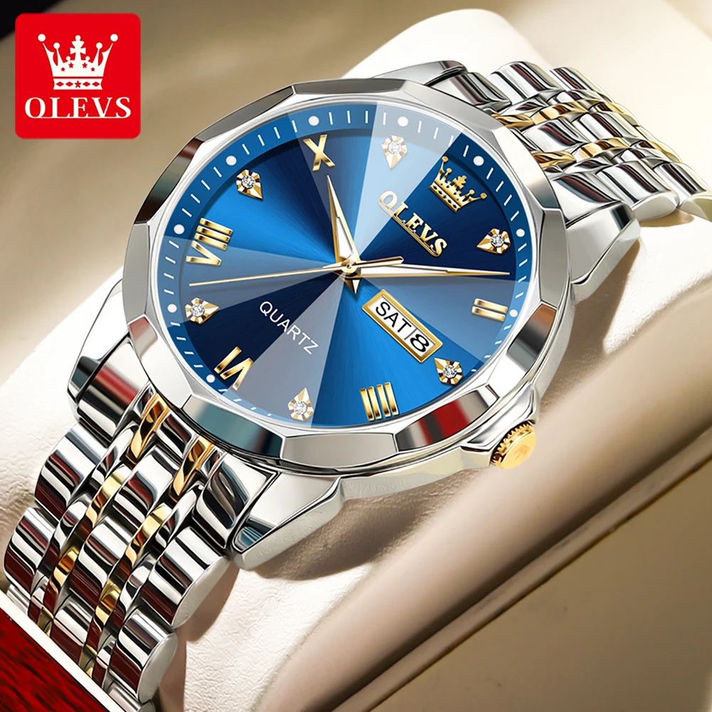 OLEVS Men's Watches Rhombus Mirror Original Quartz Watch for Man Waterproof Luminous Stainless Steel Wristwatch Male Date Week