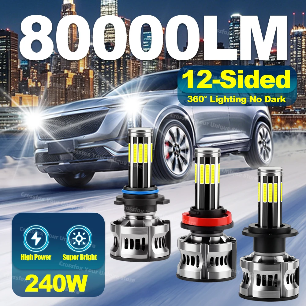 2x Auto-Scheinwerfer 12-Seitige 360°-Glühbirne 80000LM 240W Hochleistungs-LED H7 H4 HB3 HB4 LED H11 9006 9005 9007 9008 H13 H8 H9 Auto-Nebelscheinwerfer