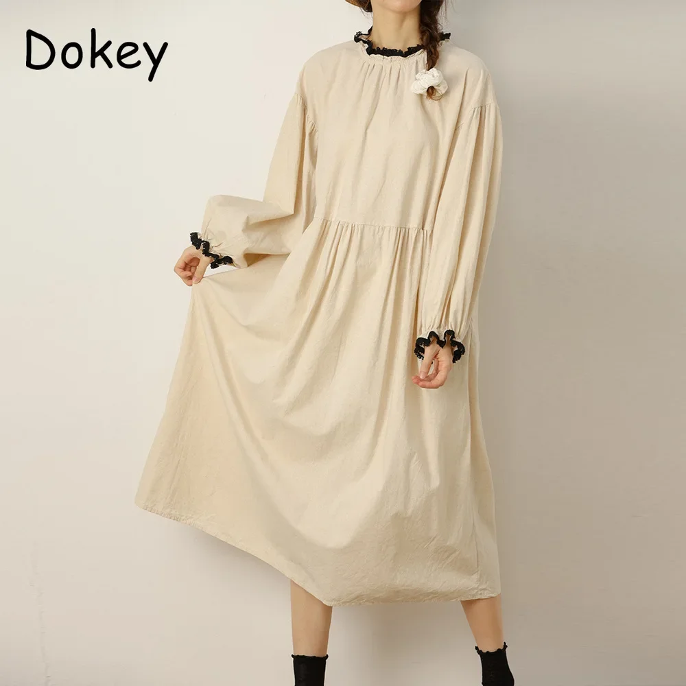 

Japan Style Mori Girl Long Sleeve Cotton Linen Dress For Women Autumn Casual O-neck Loose Pullover Dress faldas largas para muje