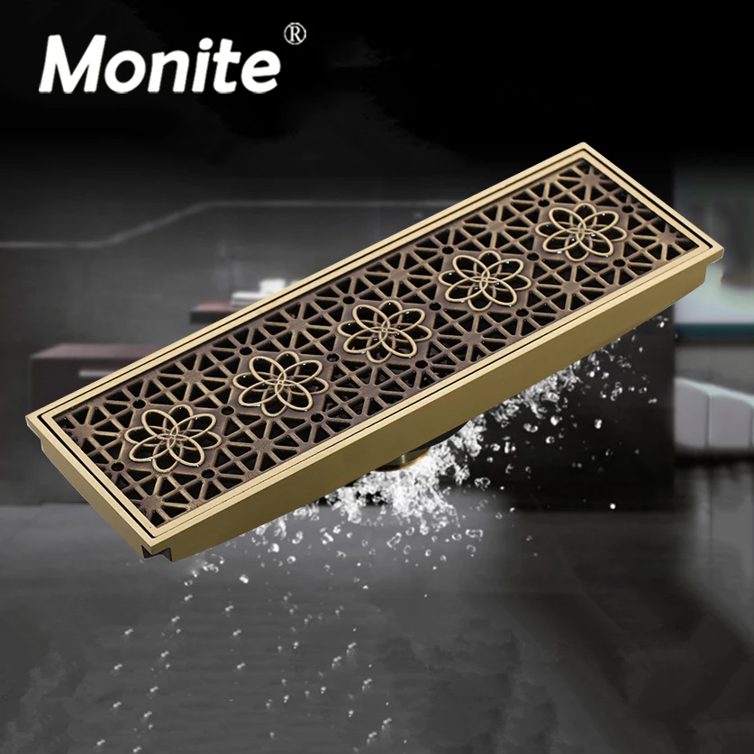 

Monite Роскошные Водостоки для ванной комнаты прямоугольник дезодорирующий Тип античная латунь ванная Линейный душ Трап дождь