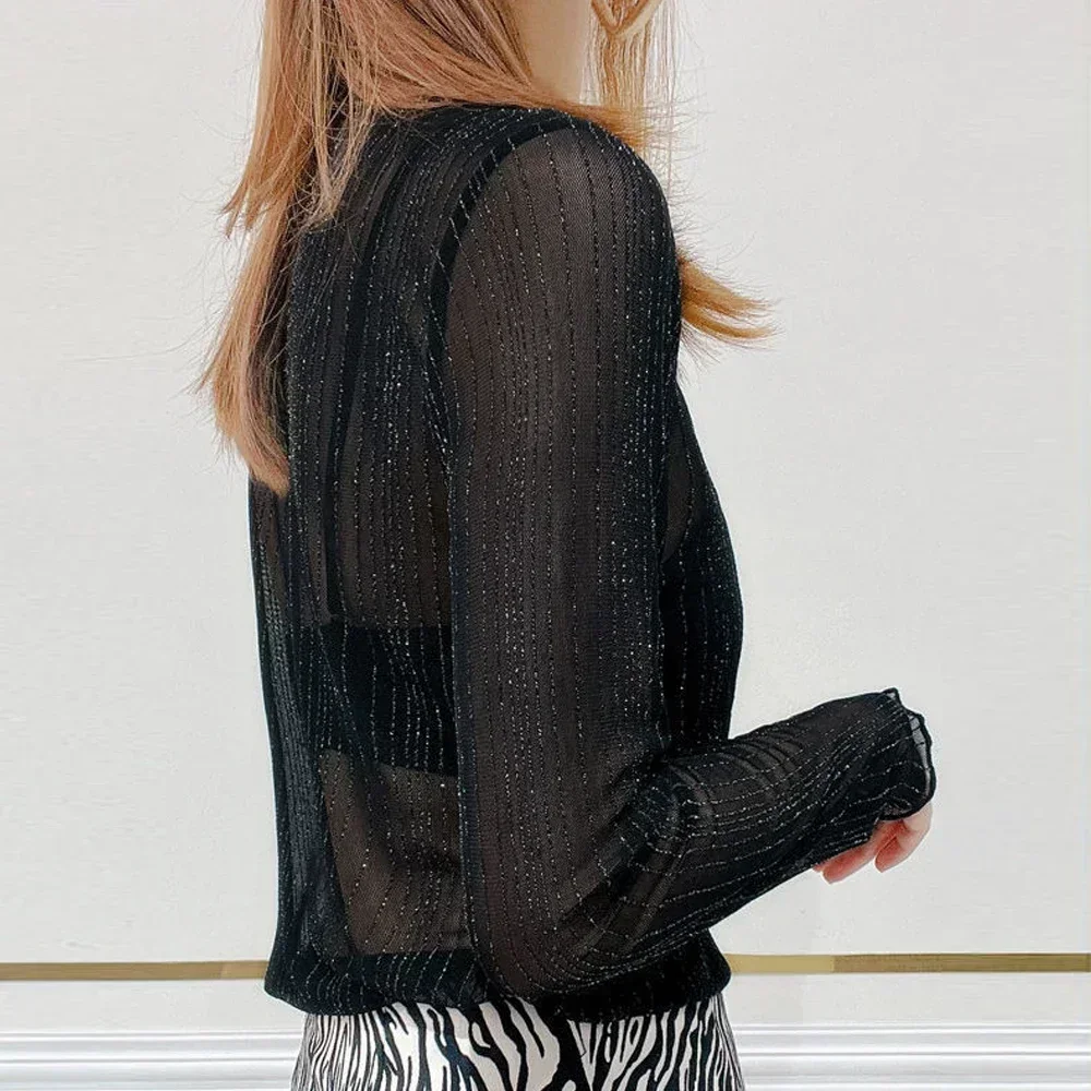 Y2K See Through Elastic Mesh T Shirt Women Elegant S-XL Blouse Girl Long Sleeve Transparent Shining Shirt Sexy Lace Women Tops