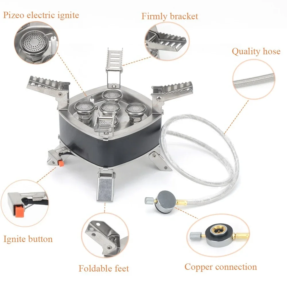 Portable Split Camping Gas Stove 5 High Output Burners Explosion Resistant Foldable Stove for High Altitude