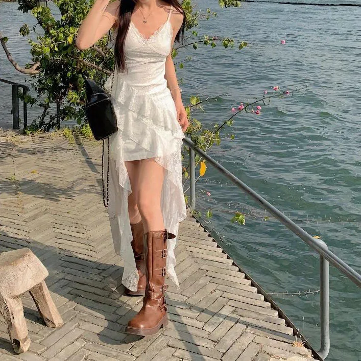 French Style White Lace Irregular Cami Dress Pure Desire Vibe for Beach