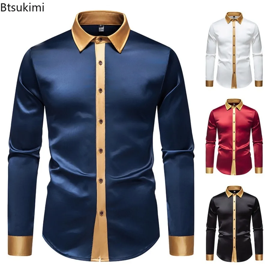 Men's Satin Silky Color Block Long Sleeve Shirt Spring Autumn Male Glossy Contrast Color Shirts Fashion Casual Comfortable Tops