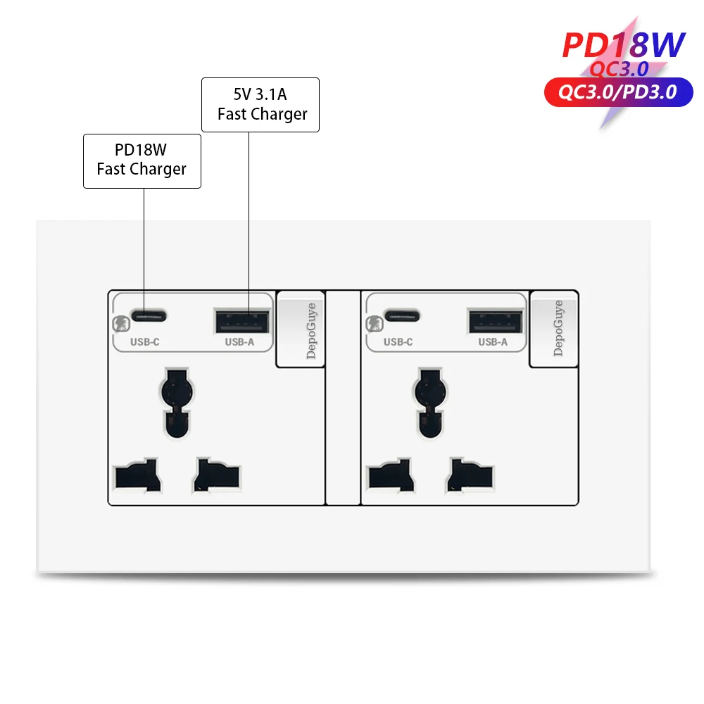 Universal 18W Type-C Plug Quick Charging Dual 3-pin Power Socket 220V,Wall electrical Socket with DC 5V 3.1A Type-c USB Charger