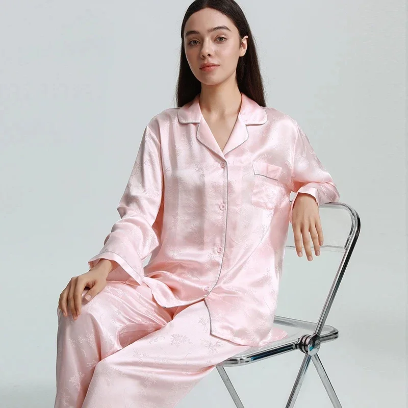 

Жаккардовый пижамный комплект из 100% тутового шелка на пуговицах, женские топы и брюки с длинными рукавами, пижамная одежда для сна, кардиган с лацканами, ночная рубашка PJS