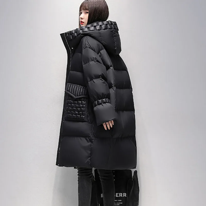 Winter mode warme schwarze Daunen jacke Damen koreanische lose 90% weiße Enten Daunen mantel lange dicke Schnee weibliche Kapuze Parker Mantel