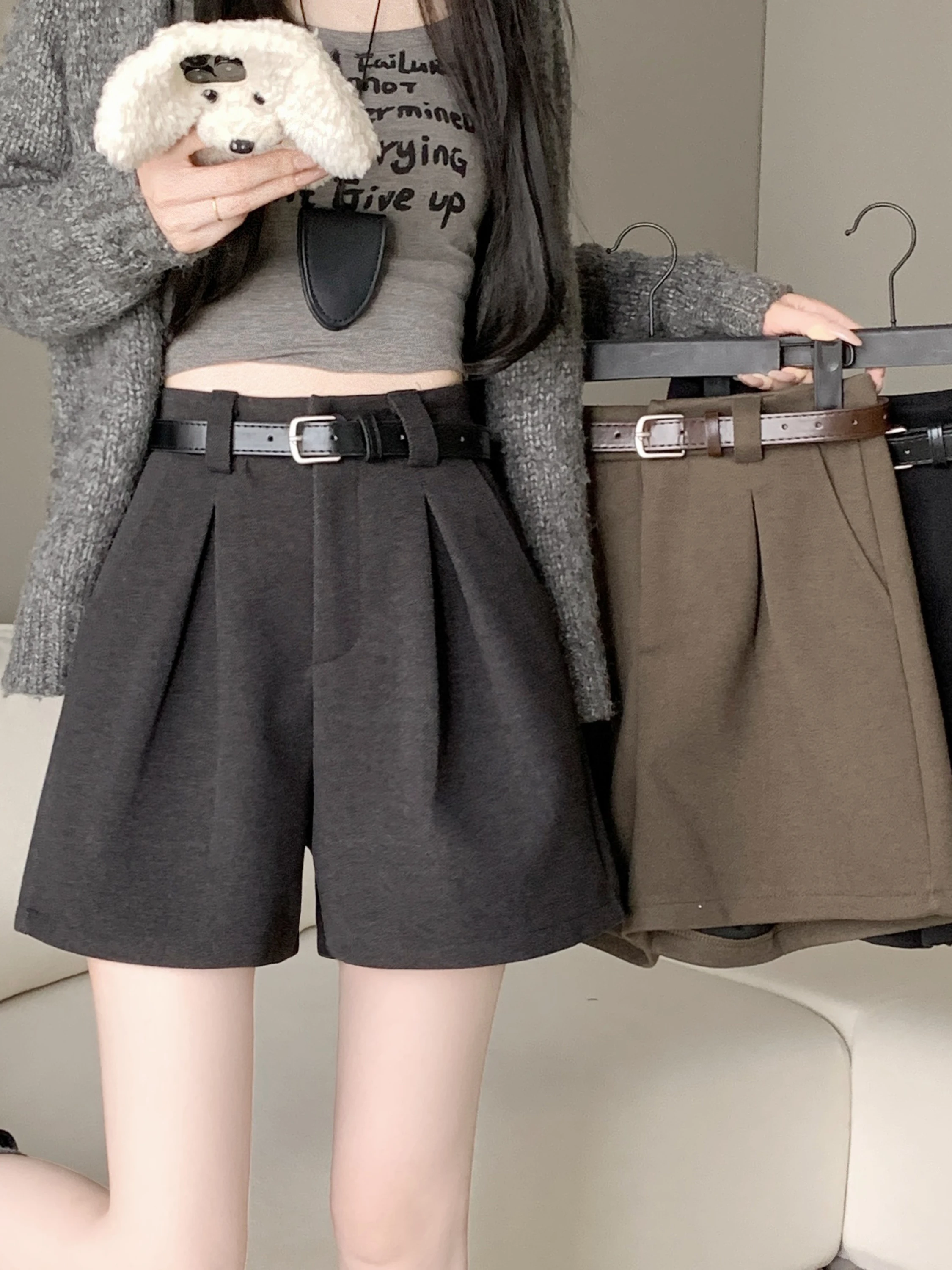 Wollen pak of broek dames herfst winter slanke A-lijn hotpants hoge taille kleine maat casual wijde pijpen bootcut broek