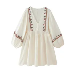 Tangada 2024 Women White Embroidery Cotton Linen Dress V Neck Lantern Long Sleeve Ladies Mini Dress CE075