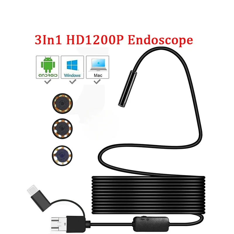 Mini Camera Endoscope HD 1200P IP67 2M Hard Flexible Tube Mirco USB Type-C Borescope Video Inspection for Android Car Endoscope