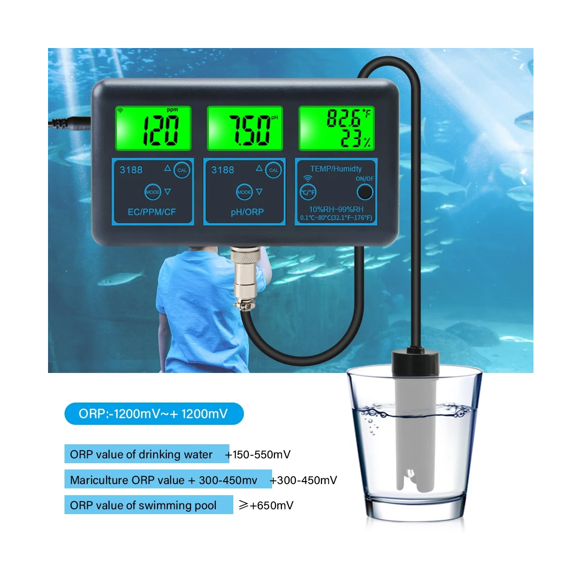 Tuya WiFi 7 in 1 Water Quality Tester Multi-Parameter Water Analyzer Digital PH/ORP/EC/Temperature Monitor Meter EU Plug