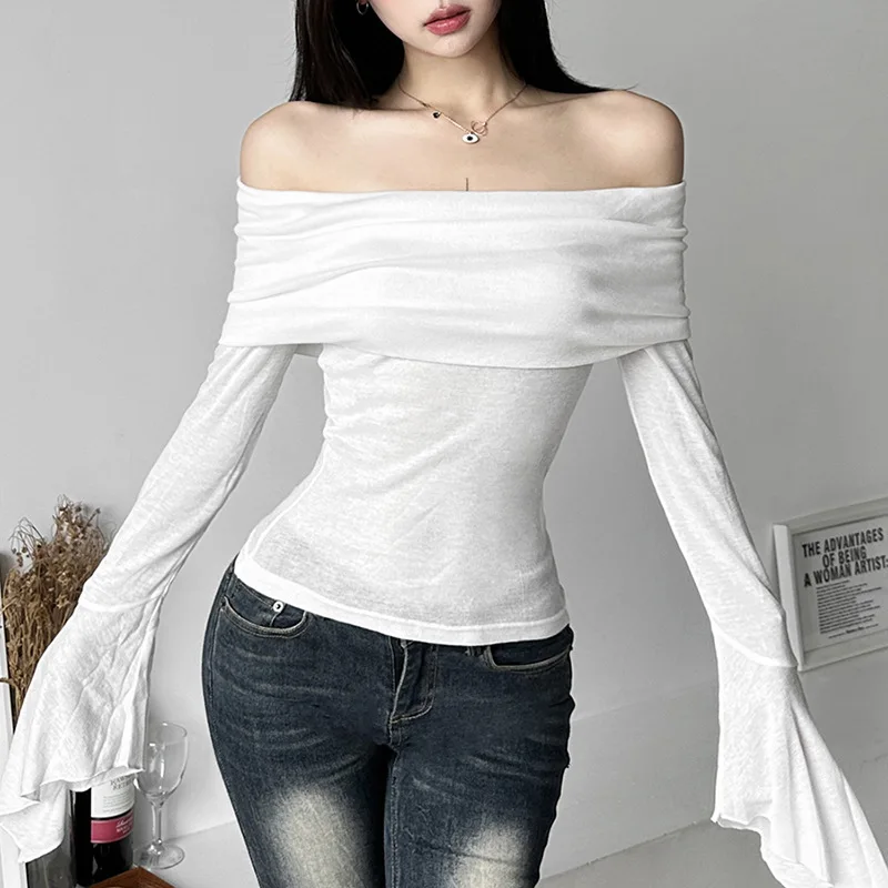 Europe and the United States wind 2024 summer new women's solid color slim-fit fashion line neck sexy halter long sleeve T-shirt