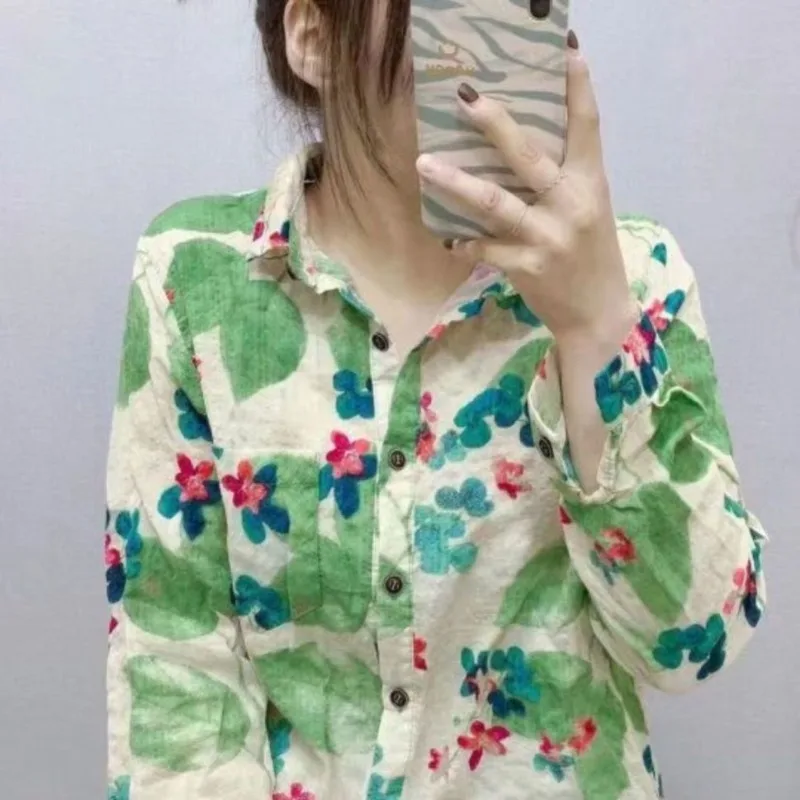 Women\'s Fashion Vintage Floral Printed Button Up Shirt Casual Lapel Cotton Linen Blouse Long Sleeve Loose All Match Tops Blusas