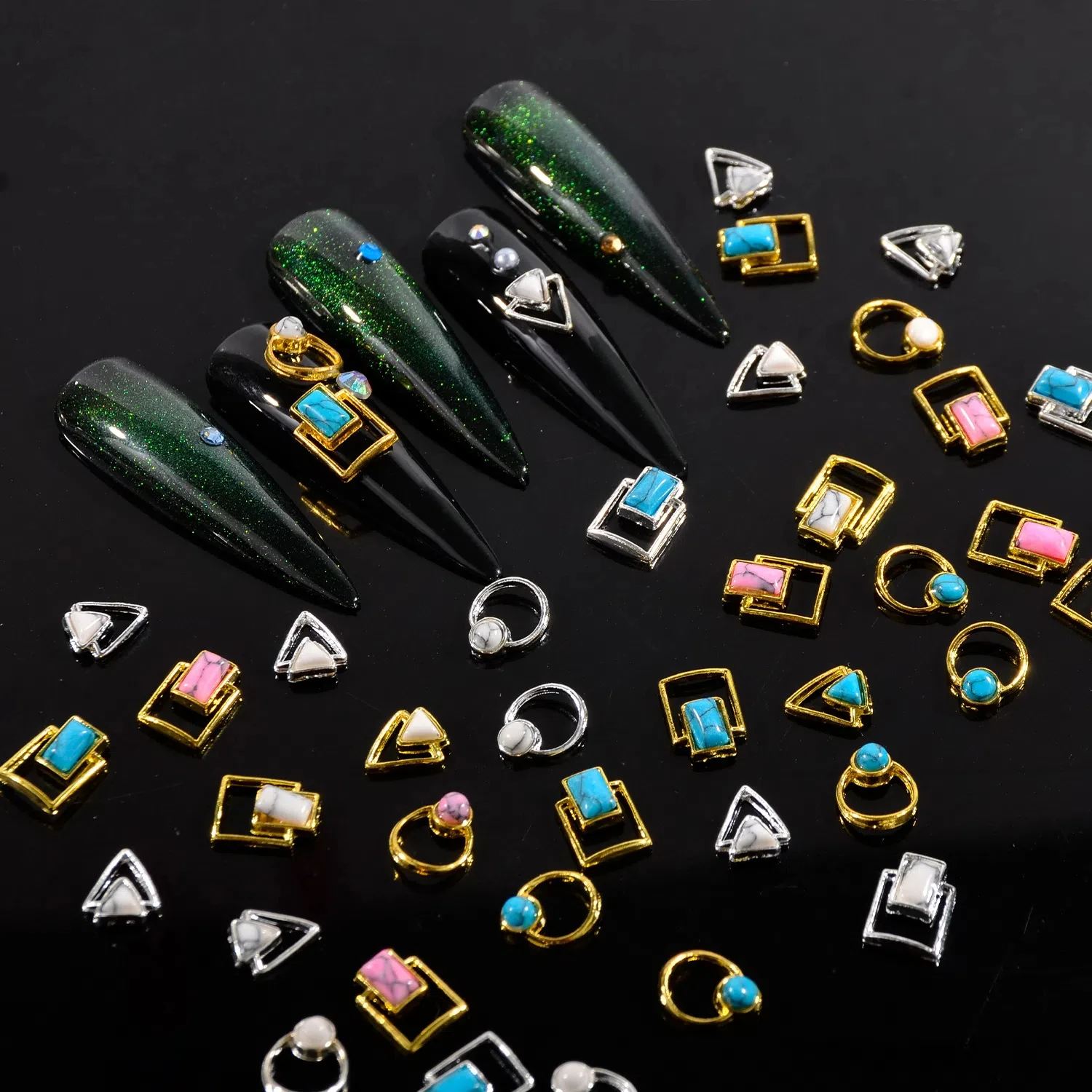 50pcs New Style Alloy Turquoise Inlaid Nail Jewelry Rectangle, Round Triangle Shaped Metal Rimmed Nail Gems for  Nail Art charms