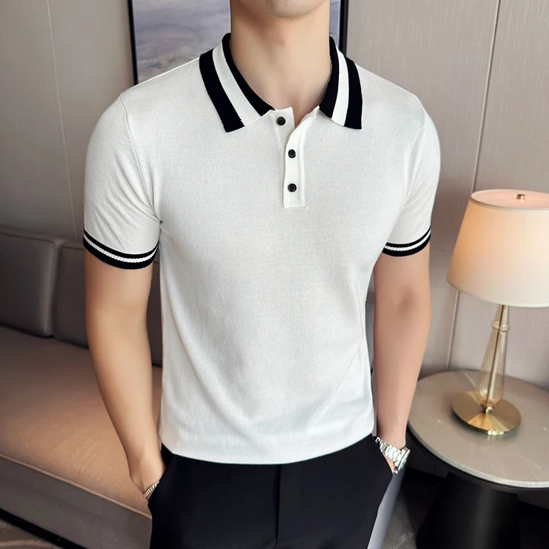 High Elasticity Men Short Sleeved Polo Shirt Summer Light Thin Fashion Casual Lapel Knitted T-shirt High-quality Men Clothing