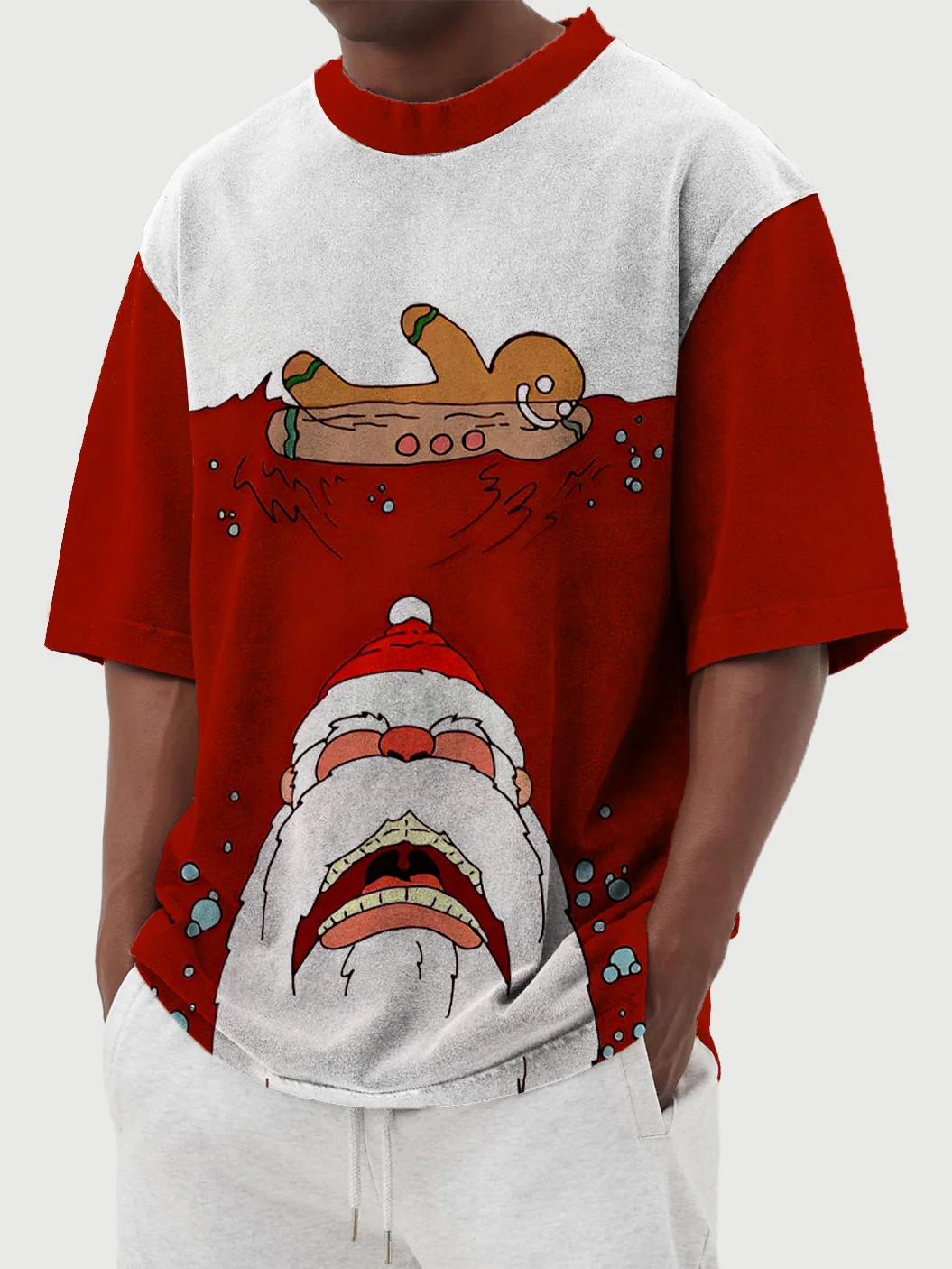 3D Printed T-Shirt Men's Crew Neck Short Sleeve Christmas Gingerbread Man Swimming Graphic T-Shirt Polyester Top Men Gift