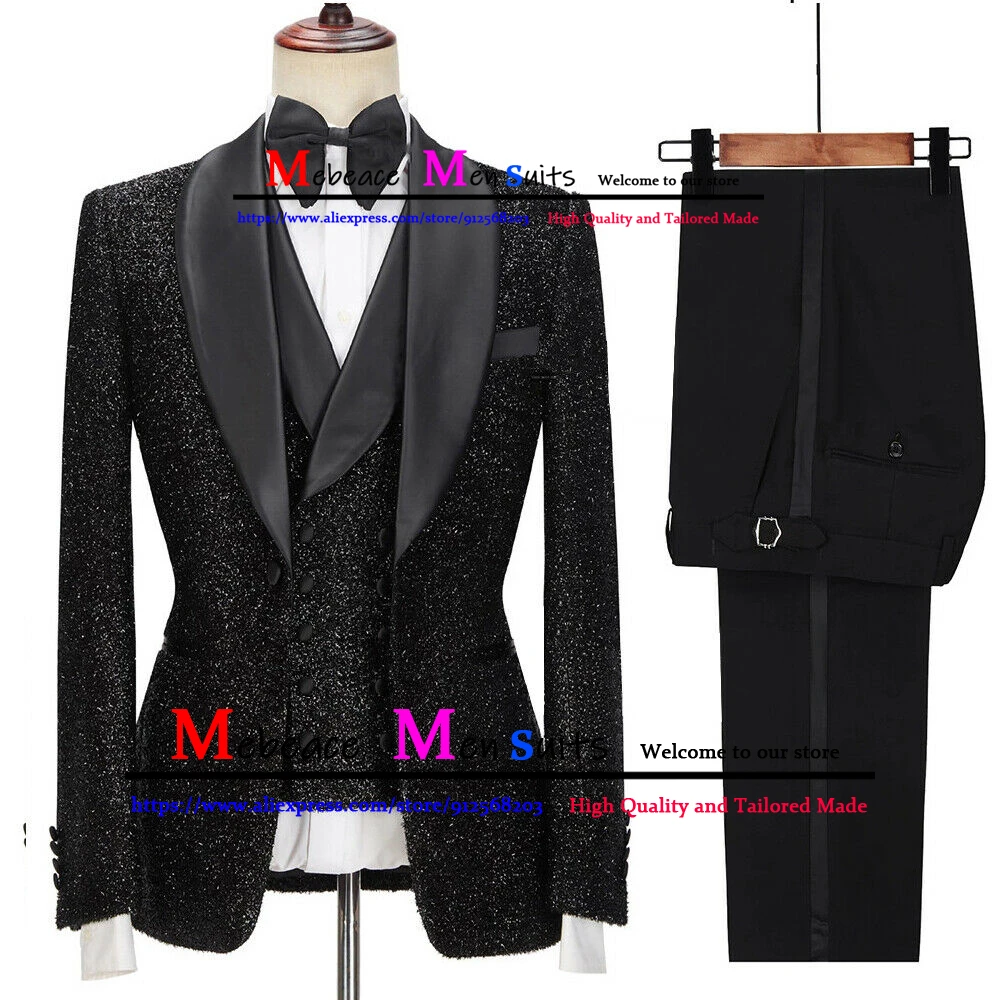 Luxury Customized Glitter Mens Suit Black Shawl Lapel Groomsmen Suits 3 Pcs Slim Fit Groom Suit for Wedding Traje De Boda Hombre