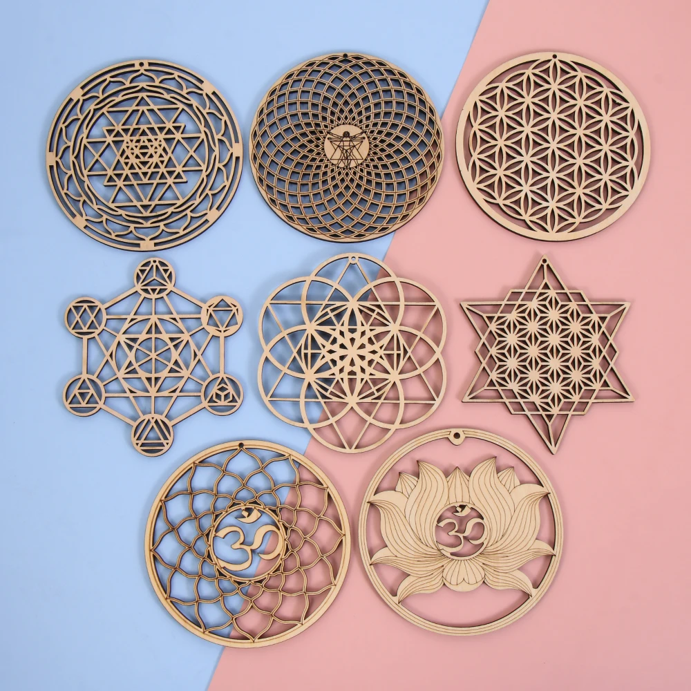 Handmade Coasters Laser Cut Home Wall Decor Flower Of Life Energy Mat Slice Wood Base Flower of Life Shape Wooden Wall Sign