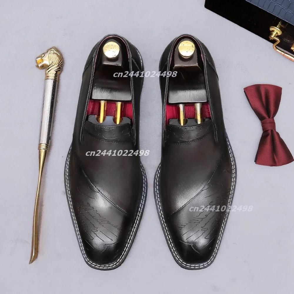 Embossed Pattern  Pointed Square Toe Slip on Men Loafers Stitched Edge Dress Footwear, Flat Low Heel Red Inner Lining Daily Wear