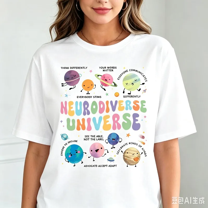 Neurodiverse Universe Women T-Shirt Colorful Planet Diverse Minds Print Modal Casual Teacher Autism Awareness Gift Top