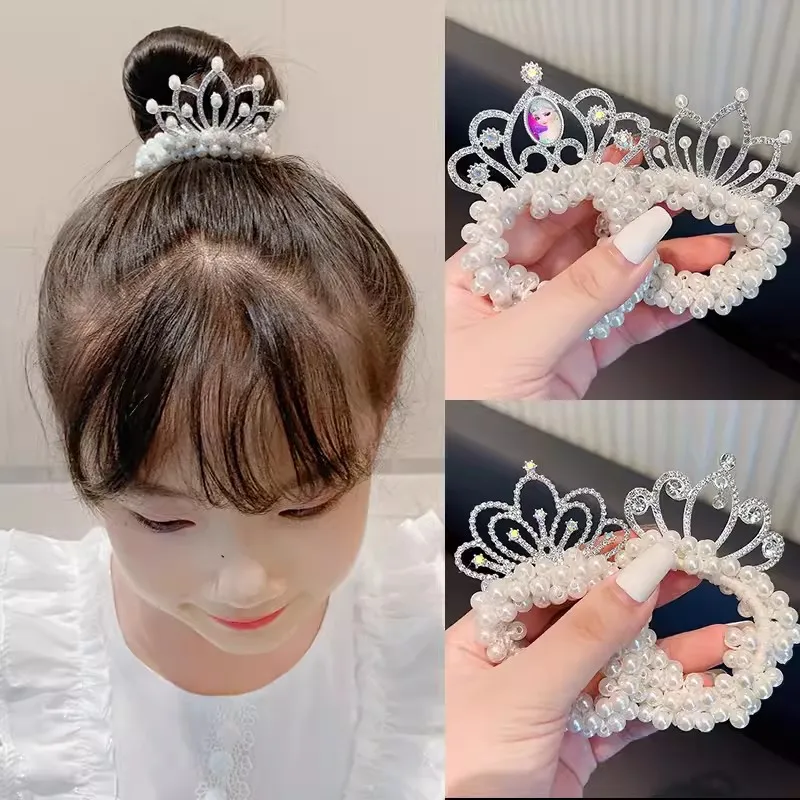 Fashion Pearl Crown Princess Hair Bands Elastic Rubber Bands for Girls Children Ball Hair Bun Ties Hair Styling Accessories