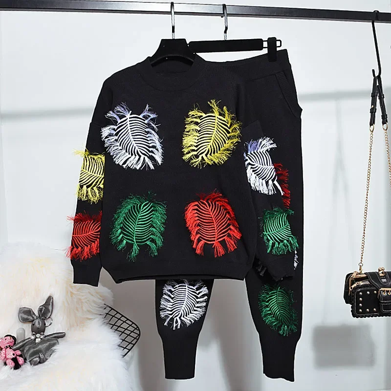 Embroidery Knitted Tracksuits Women Casual Outfits Spring Autumn Fashion Loose Black Pullover Sweater Pencil Pants Set Female