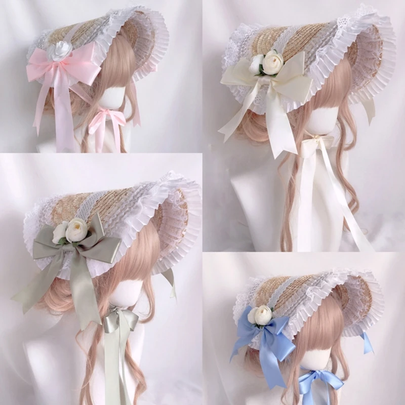 

Lolita Headdress Lolita Hat Headpiece Lolita Hair Accessories Flat Top Hat Ruffle Lace Lolita Straw Hat With Strap Ribbon Flower