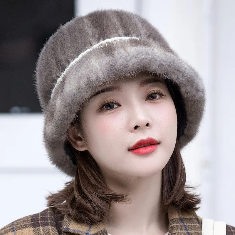 Fur hats fashionable and elegant women's basin small leather top adult