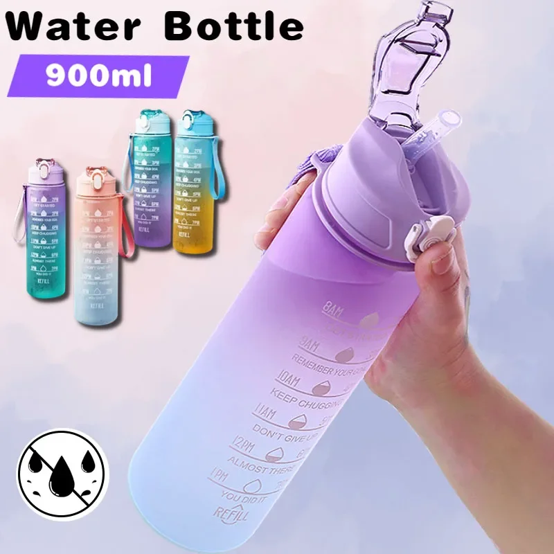 Gradient Color Frosted Sports Water Bottle, Time Marker, Leakproof Cup, Portable Straw Bottle, Outdoor Fitness, 900ml