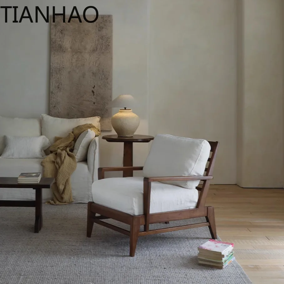 Wabi Sabi Solid Wood Sofa for Living Room Single Seater Lounge Chair with Linen Cotton Upholstery Minimalist Relaxation