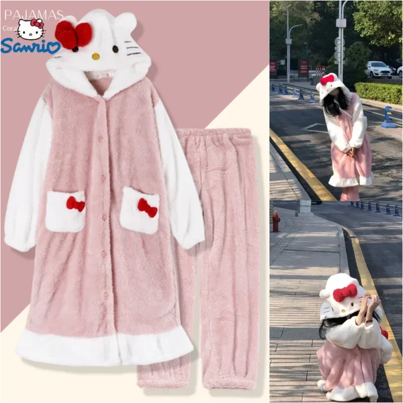 

New Arrival Hello Kitty Kawaii Sanrio Cute Bow Furry Pajamas Autumn And Winter Sweet Long Pajama Anime Plush Couple Loungewear