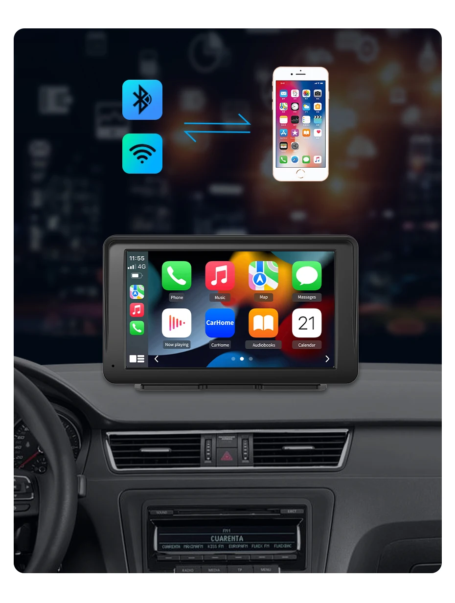 Junsun 7 "tragbare Magnet halterung drahtlose Carplay für Apple Android Auto Auto Stereo GPS horizontale vertikale Bildschirm Bluetooth – Detail 4