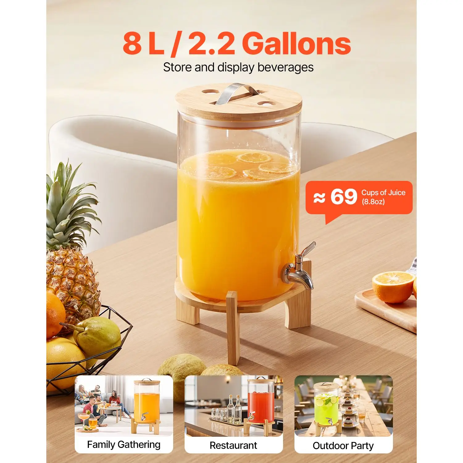 Beverage Dispenser, 2.2 Gallon Drink Dispensers for Parties, Glass Juice Dispenser with Wood Stand, Stainless Steel Spigot, Iced Tea Lemonade Juice Water Dispensers for Parties