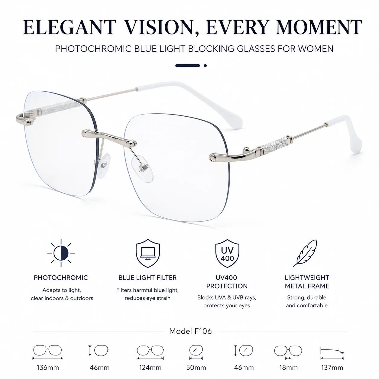 Photochromic Rimless Glasses Women UV400 Blue Light Blocking Eyewear Lightweight Metal for Travel Beach Vacation Daily Photo