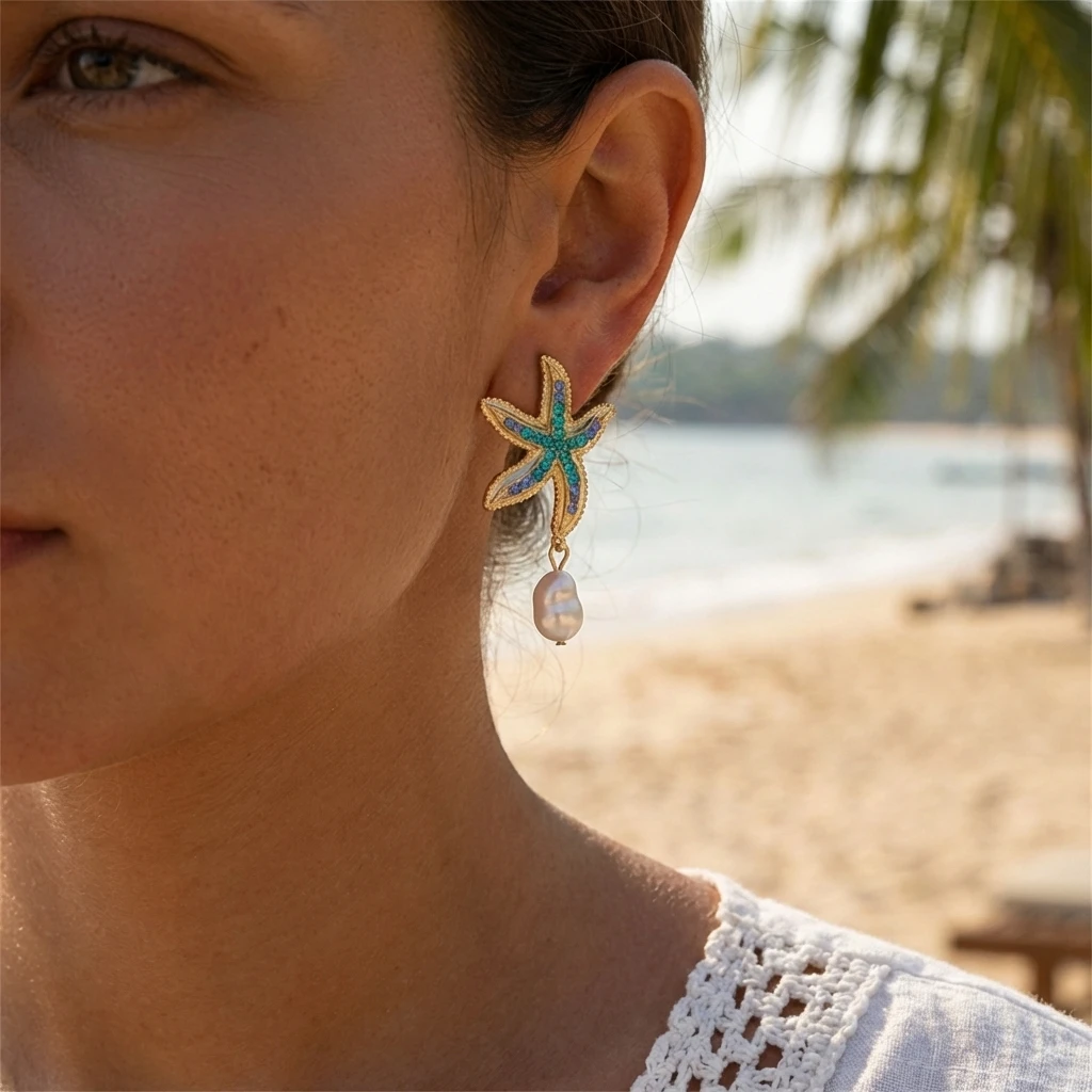 Trendige Barock-Imitationsperlen-Ohrhänger für Damen, Böhmische Blaue Strass-Seestern-Ohrstecker, Strand-Urlaubsschmuck – Detail 3