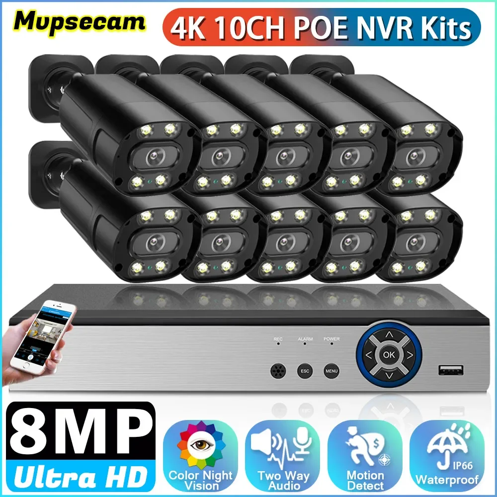 

4K HD POE Camera System 10CH 8MP NVR Recorder Kits Motion Detection Color Night Vision CCTV Surveillance Bullet Camera POE Set